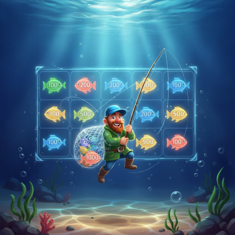 Fishin Frenzy free games feature with fisherman wild collecting fish prize values on screen