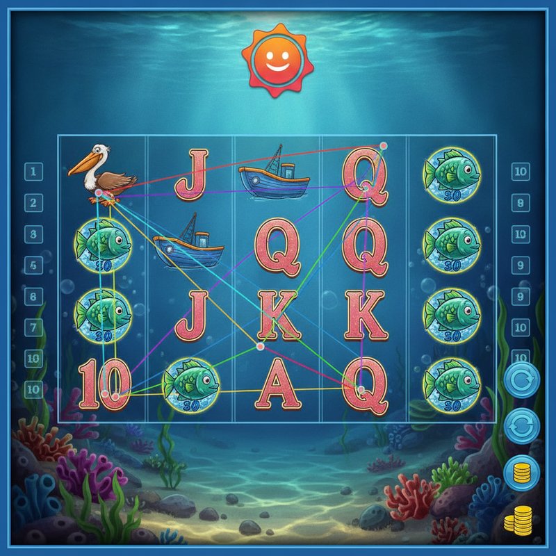 Fishin Frenzy base game gameplay with coloured paylines active across the five reel grid