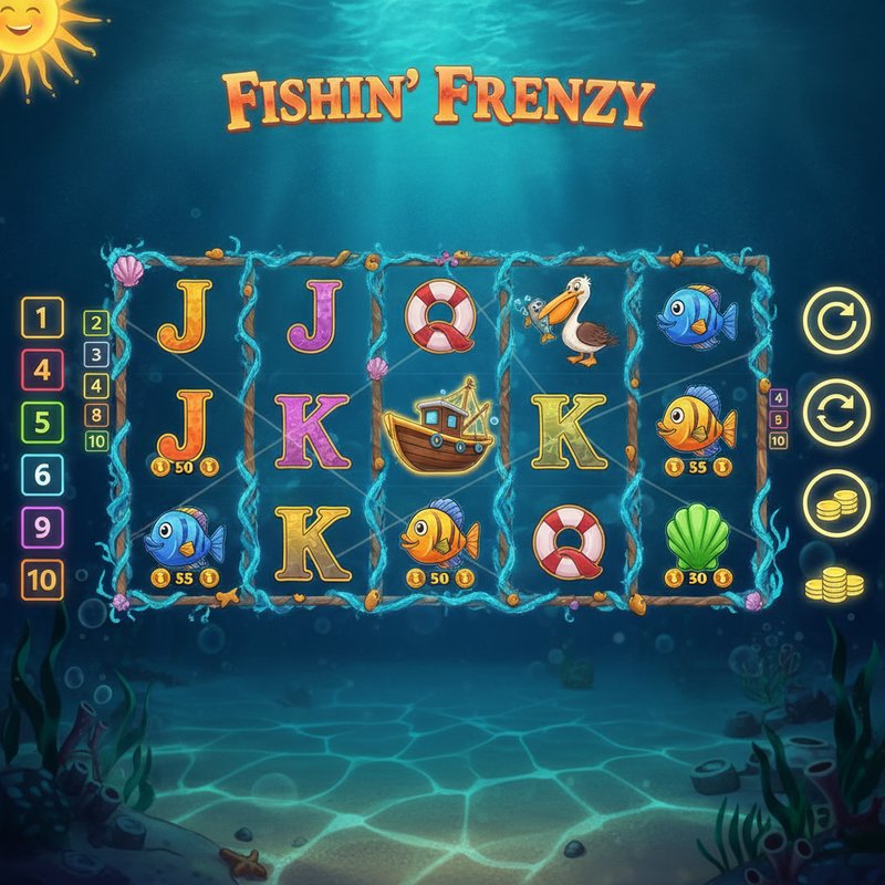 Fishin Frenzy slot main screen showing ocean underwater reels with pelican and boat scatter symbols