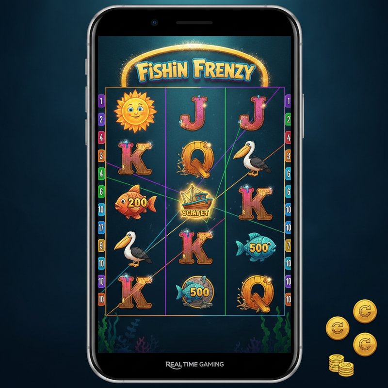 Fishin Frenzy slot running on a mobile device in portrait orientation by Real Time Gaming
