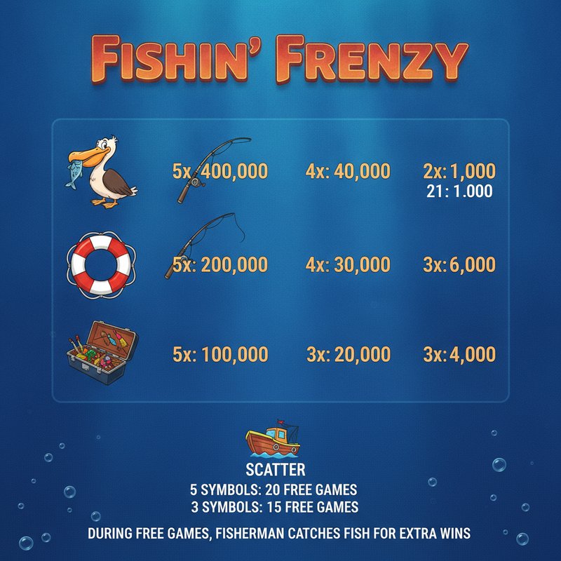Fishin Frenzy paytable showing pelican fishing rod life preserver and tackle box symbol payouts